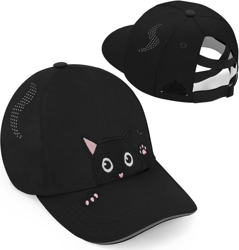 BROMZ Girls Cute Cat Baseball Cap Kids Ponytail Hat Quick Dry Summer Outdoor Sports Trucker Hats for 5-15 Years - Image 1